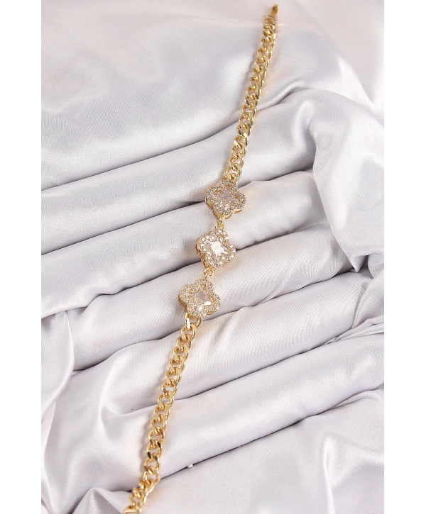 Pirinç Zirkon Taşlı Yonca Model Gold Renk Kadın Bileklik