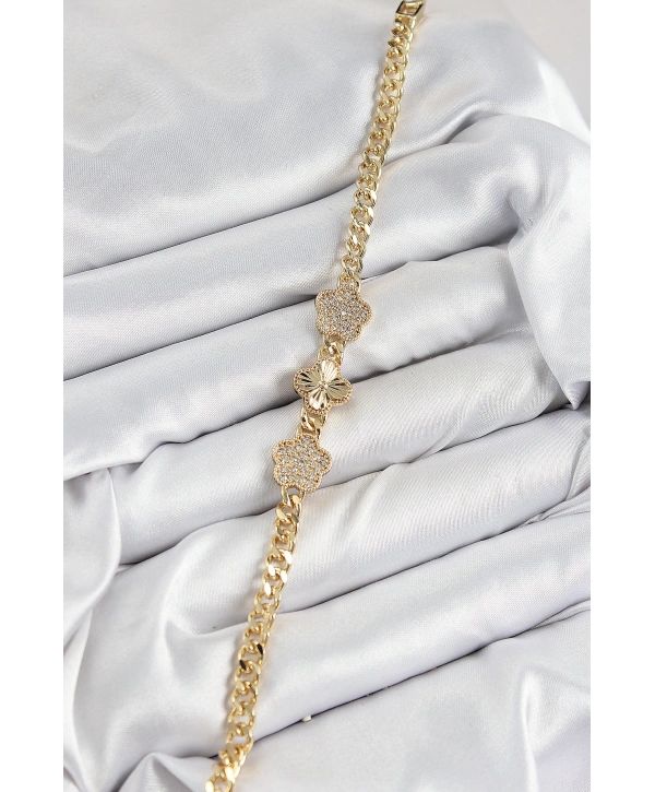 Pirinç Zirkon Taşlı Yonca Model Gold Renk Kadın Bileklik