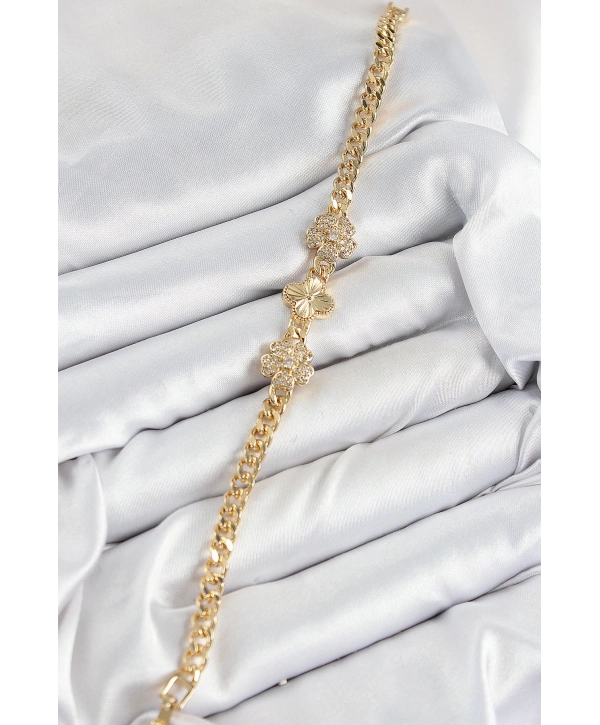 Pirinç Zirkon Taşlı Yonca Model Gold Renk Kadın Bileklik