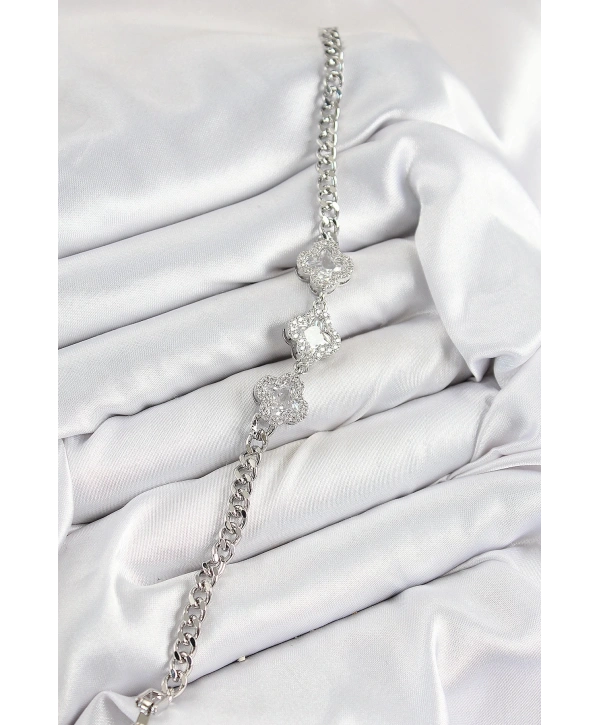 Pirinç Zirkon Taşlı Yonca Model Gümüş Renk Kadın Bileklik