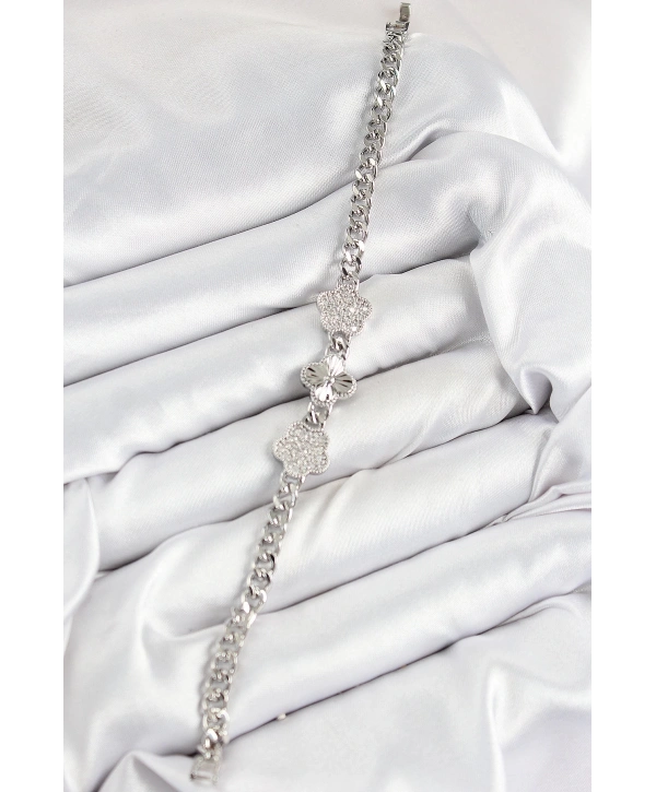 Pirinç Zirkon Taşlı Yonca Model Gümüş Renk Kadın Bileklik