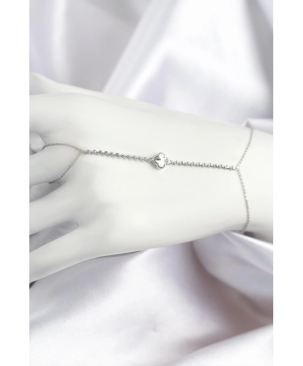 Pirinç Zirkon Taşlı Yonca Model Gümüş Renk Şahmeran