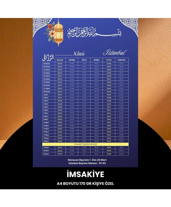 Ramazan İmsakiyesi - 170 Gr - A4 Boyut Kişiye Özel İsimli & Logolu 100 Adet Mat Mavi