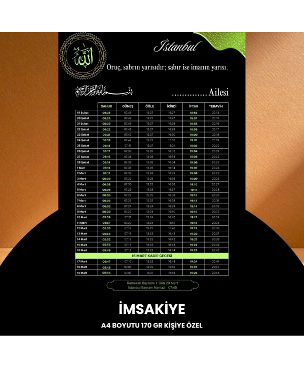 Ramazan İmsakiyesi - 170 Gr - A4 Boyut Kişiye Özel İsimli & Logolu 100 Adet Siyah-yeşil