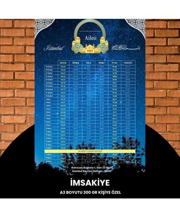 Ramazan İmsakiyesi - 300 Gr - A3 Boyut Kişiye Özel İsimli & Logolu 1 Adet Gökyüzü