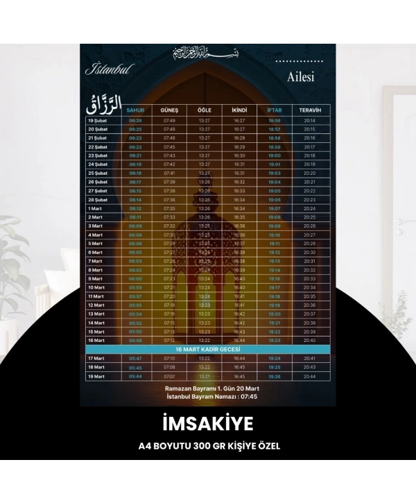 Ramazan İmsakiyesi - 300 Gr - A4 Boyut Kişiye Özel İsimli & Logolu 1 Adet Lacivert