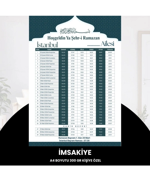 Ramazan İmsakiyesi - 300 Gr - A4 Boyut Kişiye Özel İsimli & Logolu 1 Adet Yeşil