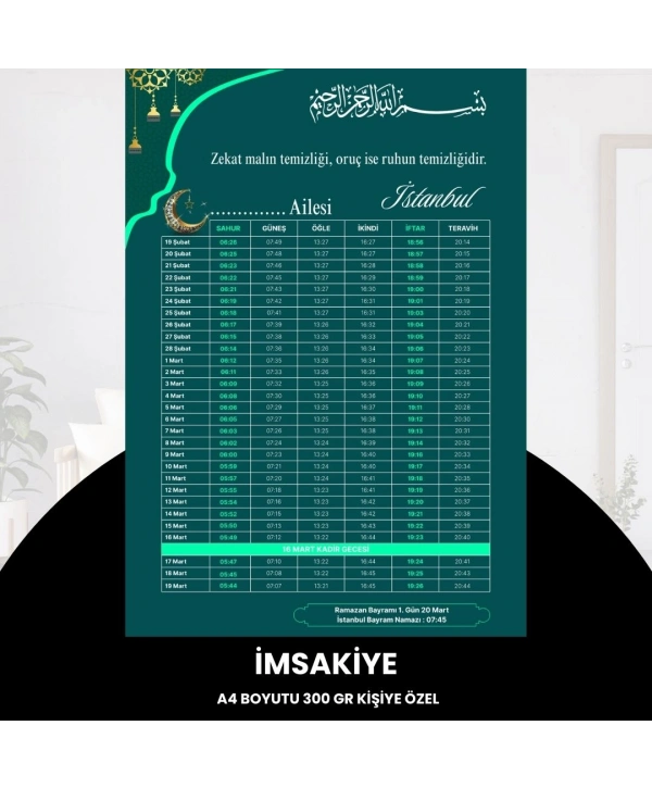 Ramazan İmsakiyesi - 300 Gr - A4 Boyut Kişiye Özel İsimli & Logolu 1 Adet Yeşil-turkuaz