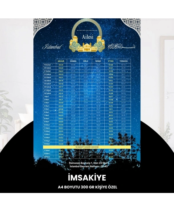 Ramazan İmsakiyesi - 300 Gr - A4 Boyut Kişiye Özel İsimli & Logolu 10 Adet Gökyüzü