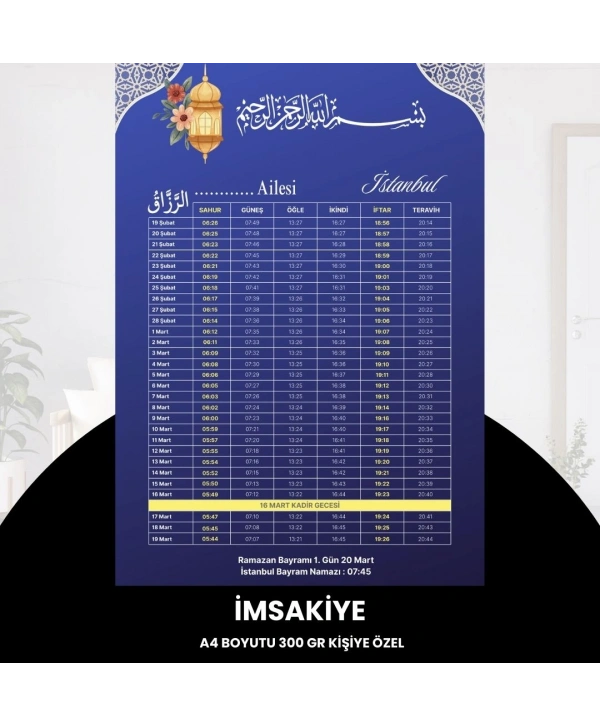 Ramazan İmsakiyesi - 300 Gr - A4 Boyut Kişiye Özel İsimli & Logolu 10 Adet Mat Mavi