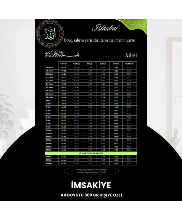 Ramazan İmsakiyesi - 300 Gr - A4 Boyut Kişiye Özel İsimli & Logolu 10 Adet Siyah-yeşil