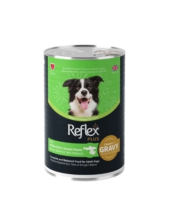 Reflex Plus Sos İçinde Beyaz Balıklı ve Tatlı Patatesli Yetişkin Konserve Köpek Maması 400 Gr