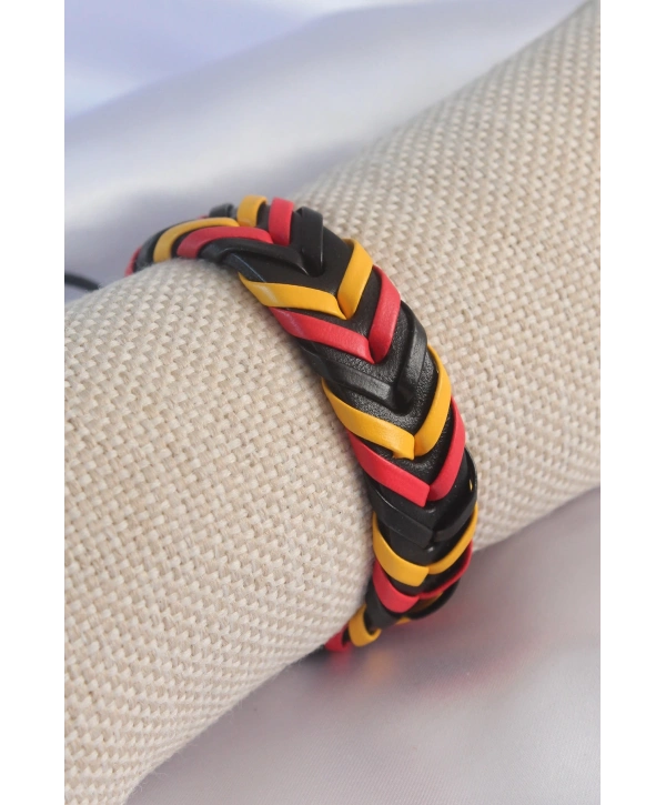 Sarı Kırmızı Siyah Renk Deri İpli Erkek Bileklik