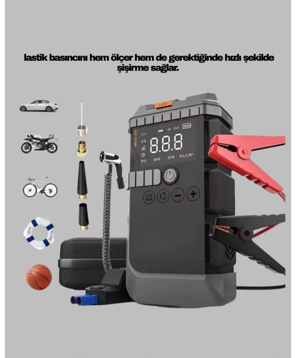 Şarjlı 12000 mAh Araç Akü Takviye ve Hava Kompresörü 4’ü 1 Arada