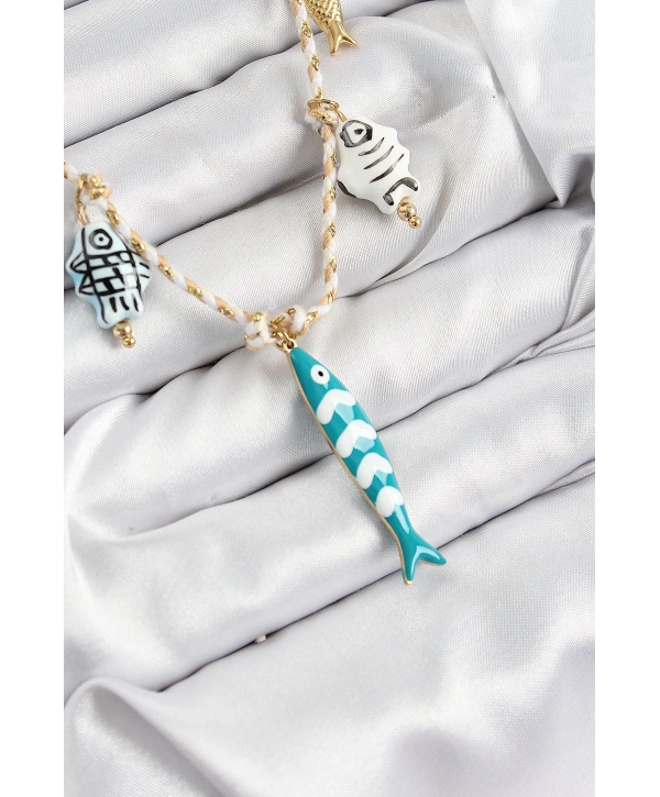 Seramik Motifli Balık Figürlü Model Krem İp Kadın Kolye