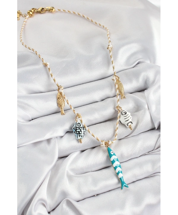 Seramik Motifli Balık Figürlü Model Krem İp Kadın Kolye