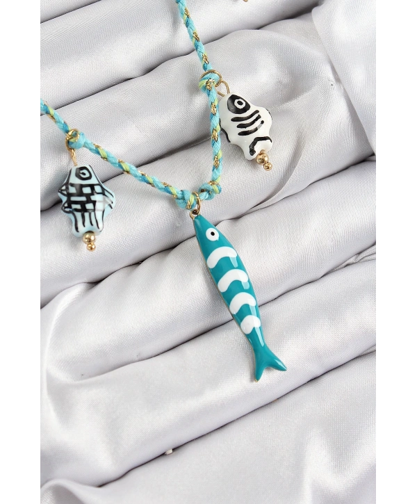 Seramik Motifli Balık Figürlü Model Mavi İp Kadın Kolye