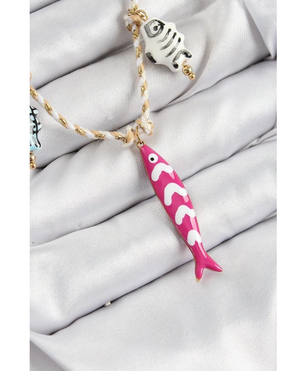 Seramik Motifli Pembe Balık Figürlü Model Krem İp Kadın Kolye