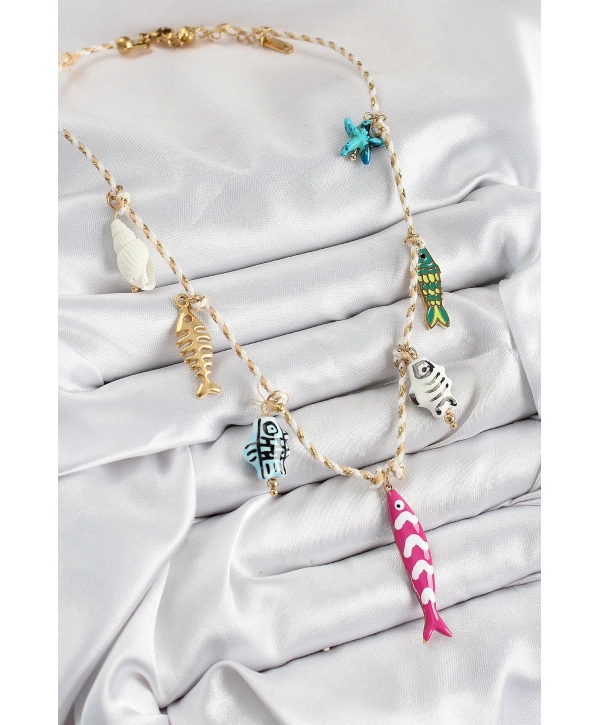 Seramik Motifli Pembe Balık Figürlü Model Krem İp Kadın Kolye