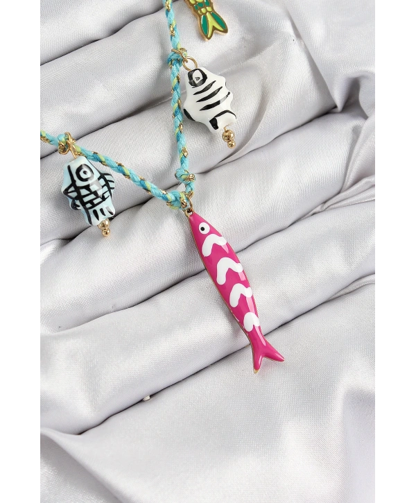Seramik Motifli Pembe Balık Figürlü Model Mavi İp Kadın Kolye