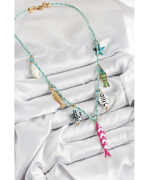 Seramik Motifli Pembe Balık Figürlü Model Mavi İp Kadın Kolye