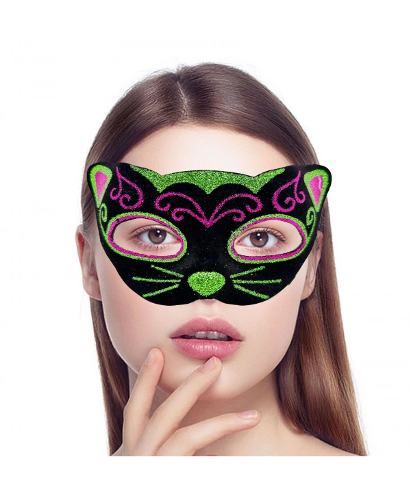 Siyah Kadife Kaplama Üzeri Pembe Yeşil Sim İşlemeli Kedi Maskesi 20x13 cm (5047)