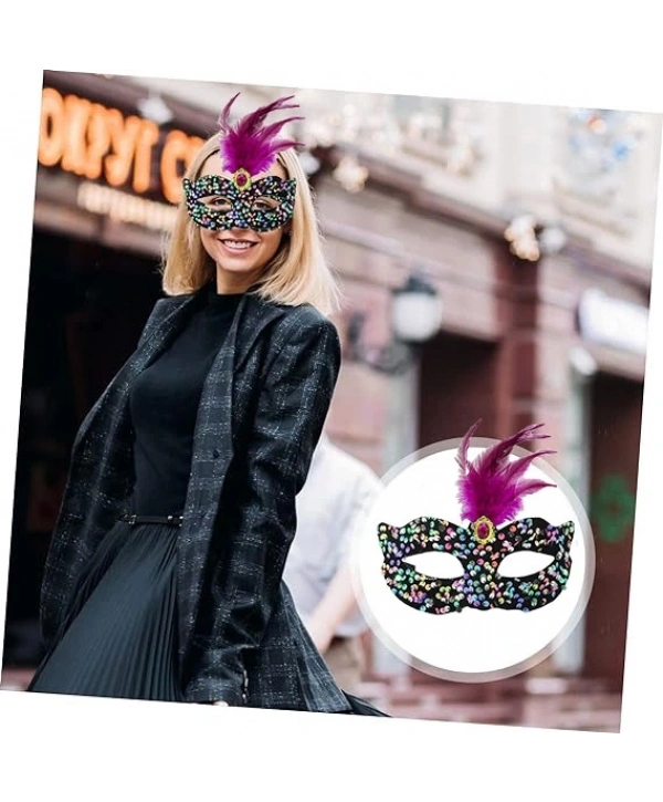 Siyah Kadife Üzeri Rengarenk Payetli Pullu Pembe Tüylü Pembe Taşlı Parti Maskesi 19x21 cm (5047)