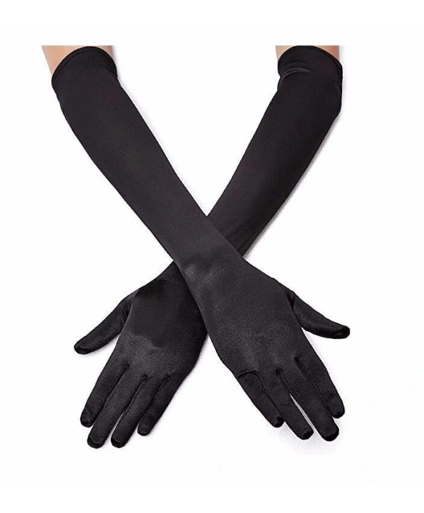 Siyah Renk Dirseğe Kadar Uzun Kumaş Eldiven (5047)