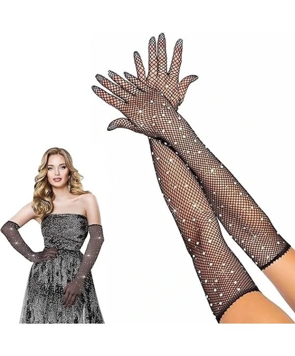 Siyah Renk İncili Elmas İşlemeli File Örgü Uzun Eldiven 45 cm (5047)