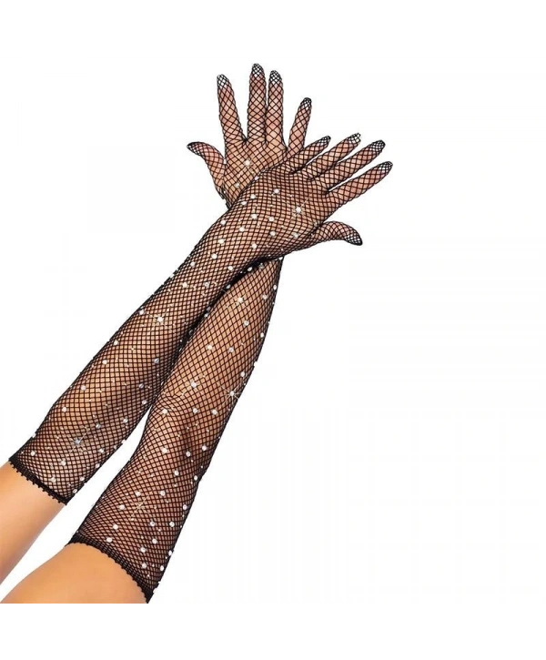 Siyah Renk İncili Elmas İşlemeli File Örgü Uzun Eldiven 45 cm (5047)