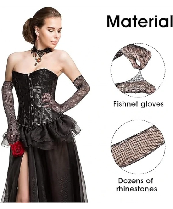 Siyah Renk İncili Elmas İşlemeli File Örgü Uzun Eldiven 45 cm (5047)