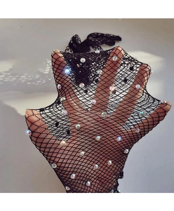 Siyah Renk İncili Elmas İşlemeli File Örgü Uzun Eldiven 45 cm (5047)