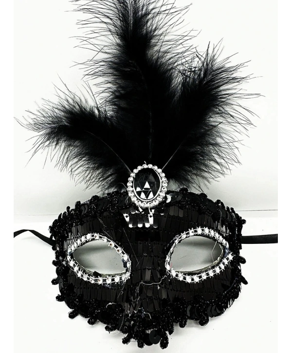 Siyah Renk Payetli Pullu Tüylü Parti Maskesi 17x20 cm (5047)