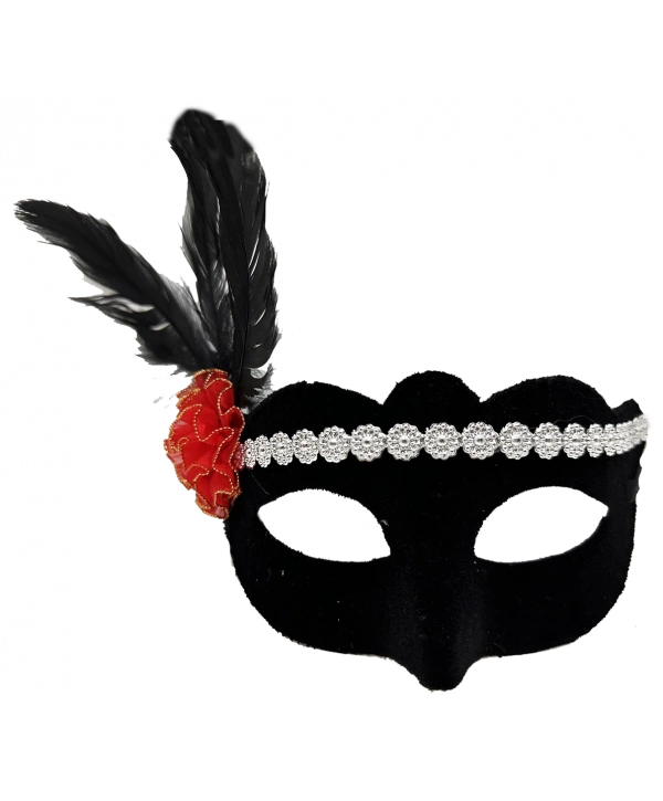 Siyah Renk Süet Kaplama Gümüş Dantelli Kırmızı Gül Tasarımlı Parti Maskesi 18x20 cm (5047)