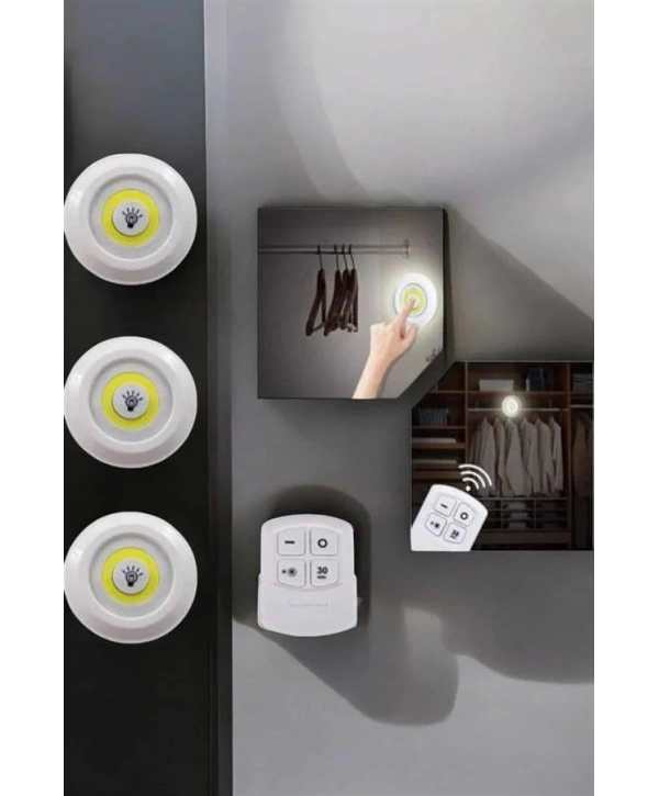 Spot Lamba Led Işık 3lü Uzaktan Kumandalı Pilli Yapışkanlı Kablosuz