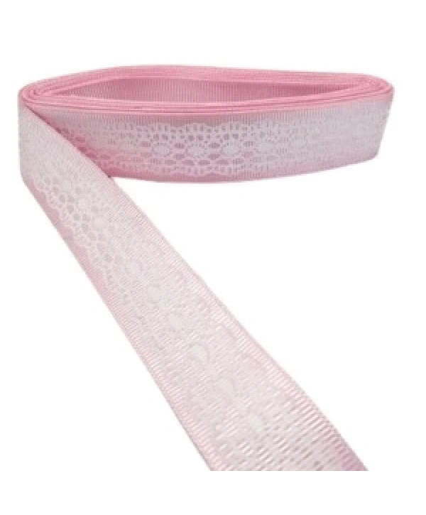 Tafta Dantel Görünümlü Kurdele Pembe 25 Mm 1 Metre