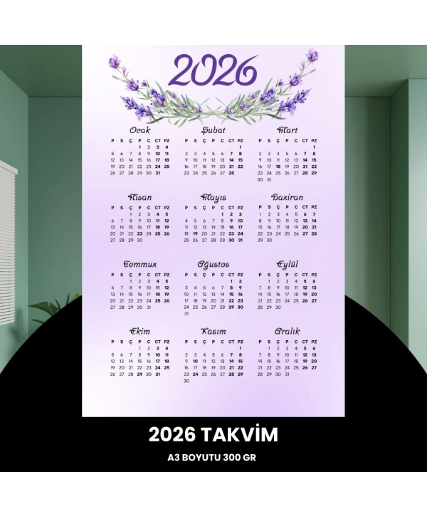Takvim 2026 Premium A3 300 Gr Dijital Baskı Lavanta