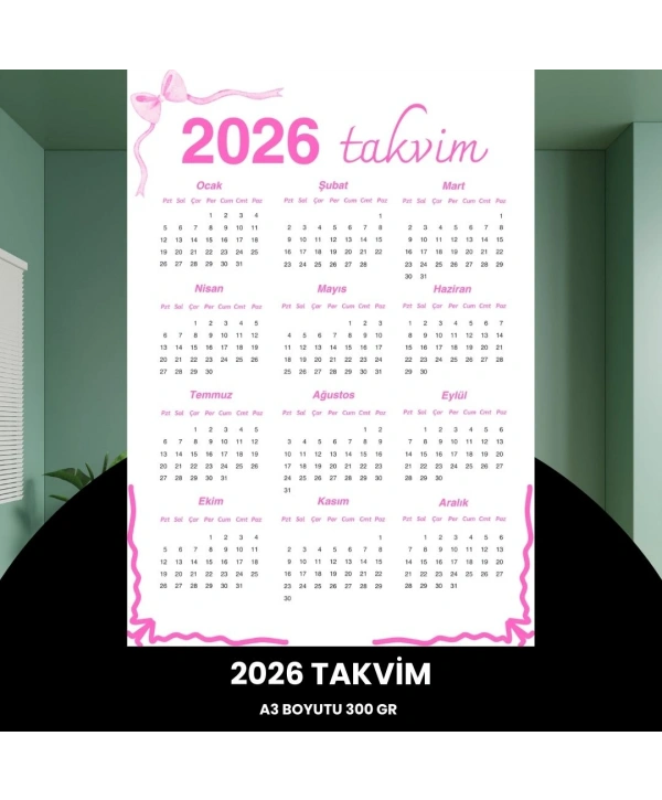Takvim 2026 Premium A3 300 Gr Dijital Baskı Pembe