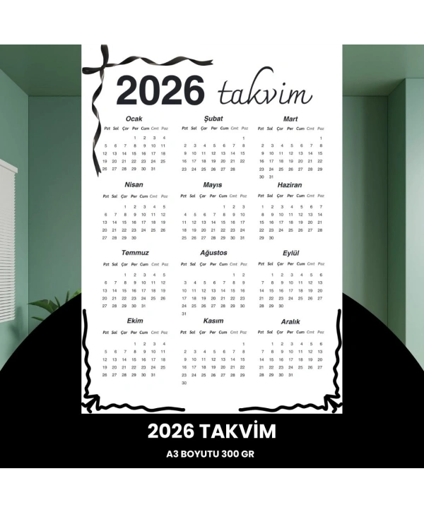 Takvim 2026 Premium A3 300 Gr Dijital Baskı Siyah Kurdele