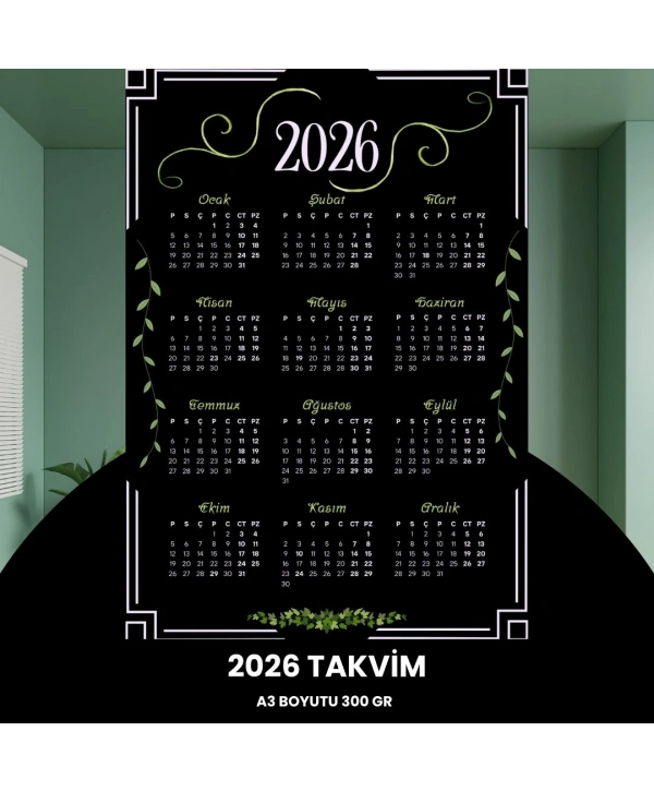 Takvim 2026 Premium A3 300 Gr Dijital Baskı Siyah Yeşil