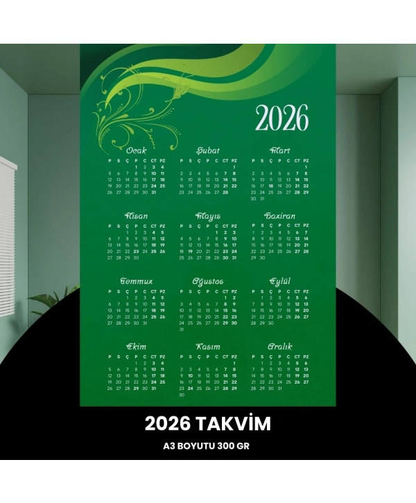 Takvim 2026 Premium A3 300 Gr Dijital Baskı Yeşil