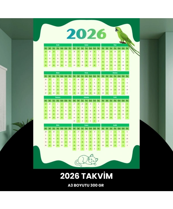Takvim 2026 Premium A3 300 Gr Dijital Baskı Yeşil-beyaz