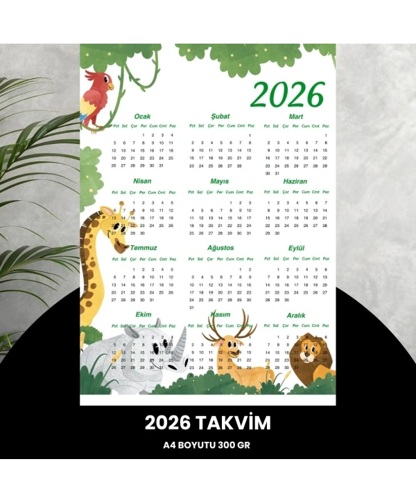 Takvim 2026 Premium A4 300 Gr Dijital Baskı Animal