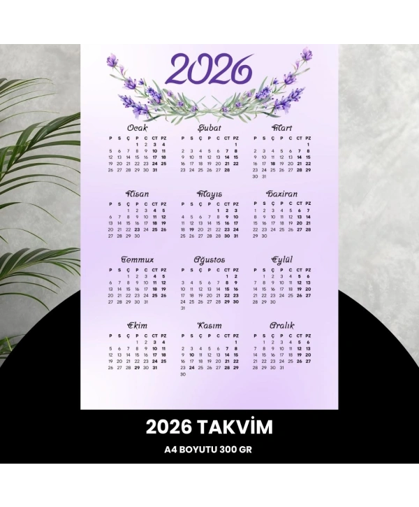 Takvim 2026 Premium A4 300 Gr Dijital Baskı Lavanta