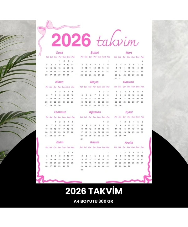Takvim 2026 Premium A4 300 Gr Dijital Baskı Pembe