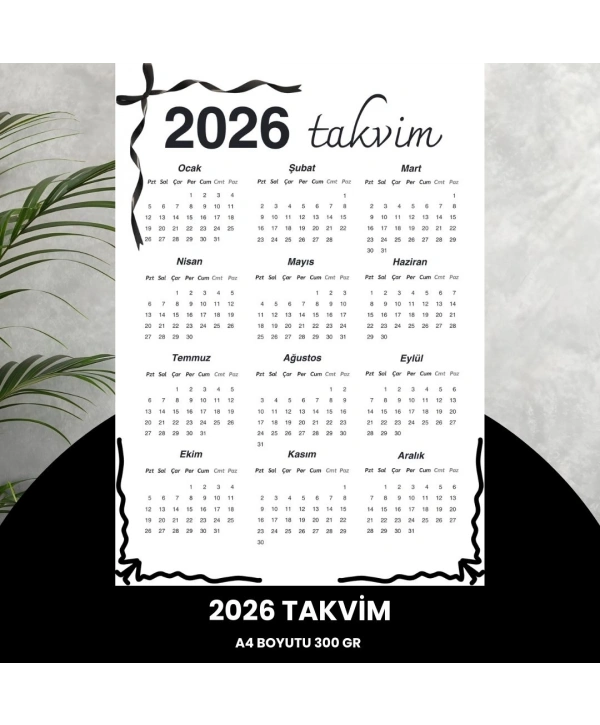 Takvim 2026 Premium A4 300 Gr Dijital Baskı Siyah Kurdele