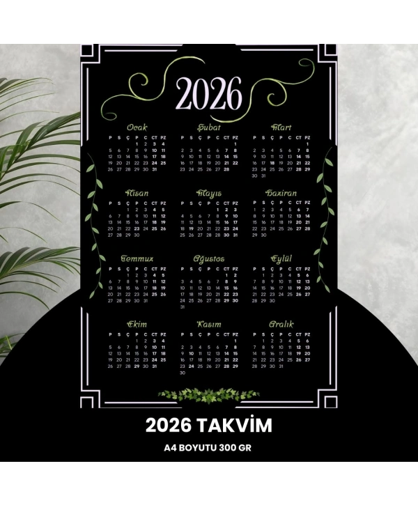 Takvim 2026 Premium A4 300 Gr Dijital Baskı Siyah Yeşil