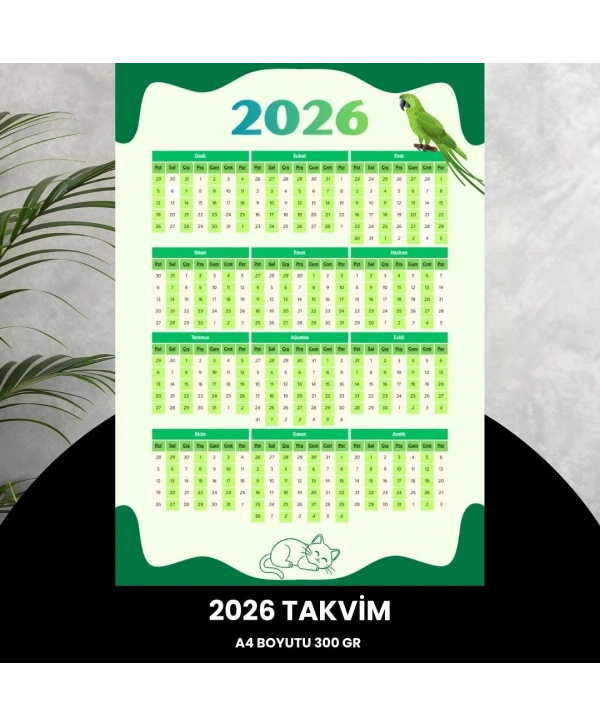 Takvim 2026 Premium A4 300 Gr Dijital Baskı Yeşil-beyaz