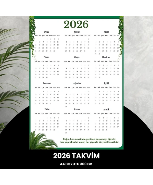Takvim 2026 Premium A4 300 Gr Dijital Baskı Yeşil Yaprak
