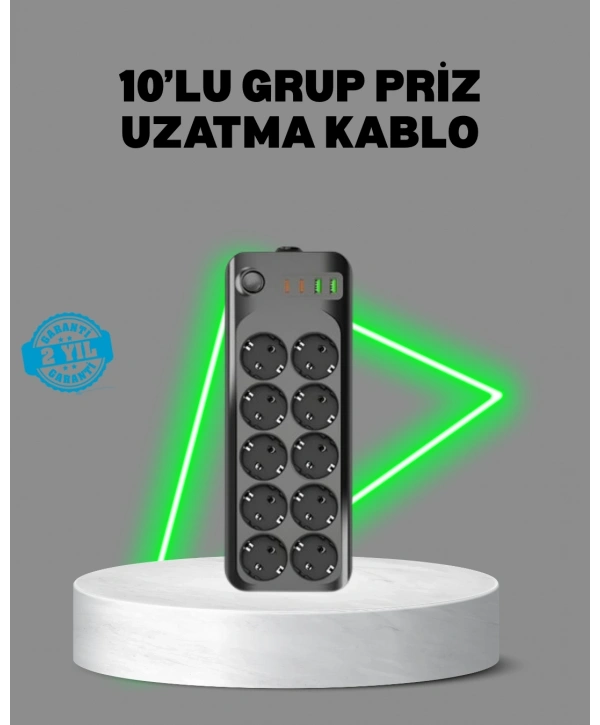 Termal Akım Korumalı 10’lu Grup Priz USB Type-C Hızlı Şarj 2500W 2m Kablo